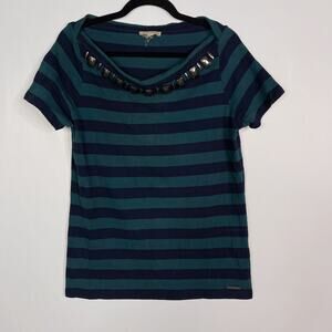 Burberry Brit Womens Large L Teal Navy Blue Awning Striped Bateau Neckline Top